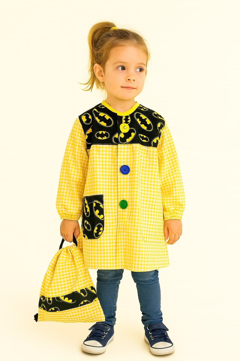 MANDILON + BOLSA VUELTA AL COLE - Mandilón y Bolsa Infantil Batman Amarillo a Cuadros - Imagen 1