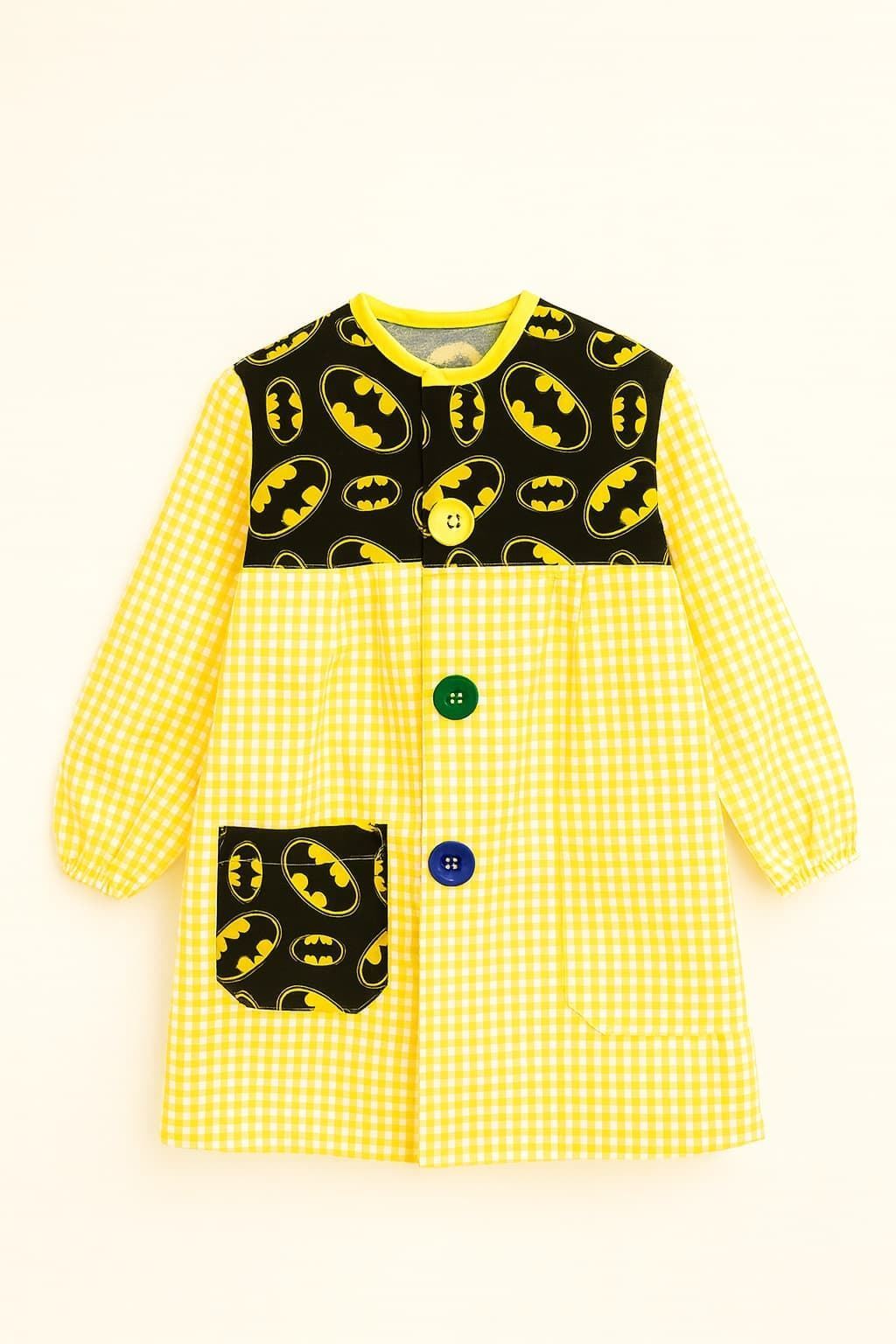 MANDILON + BOLSA VUELTA AL COLE - Mandilón y Bolsa Infantil Batman Amarillo a Cuadros - Imagen 2