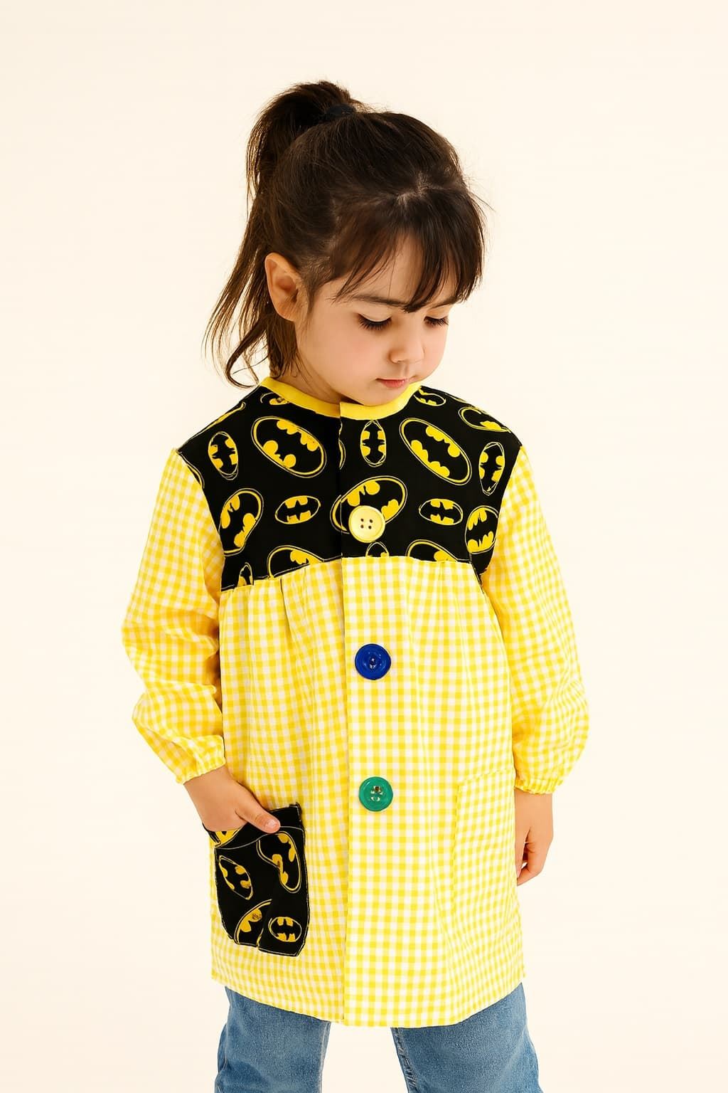 MANDILON VUELTA AL COLE - Mandilón Infantil Batman Amarillo a Cuadros - Imagen 1