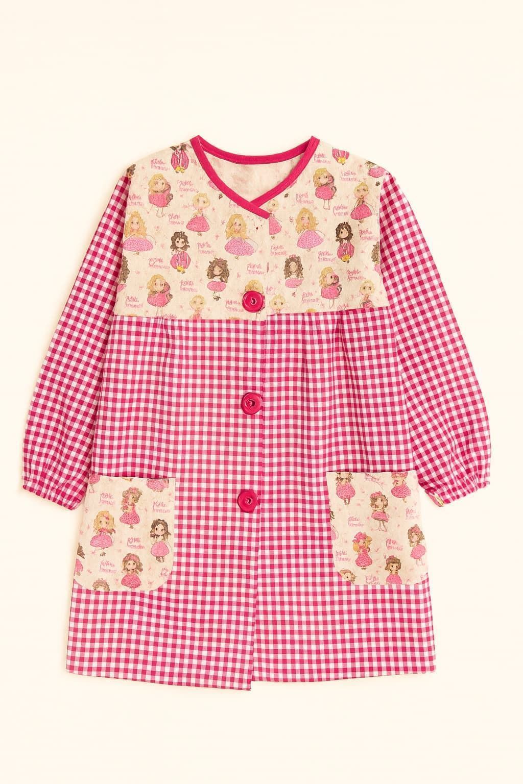 MANDILON VUELTA AL COLE - Mandilón Infantil de Cuadros y Estampado de Muñecas - Imagen 2