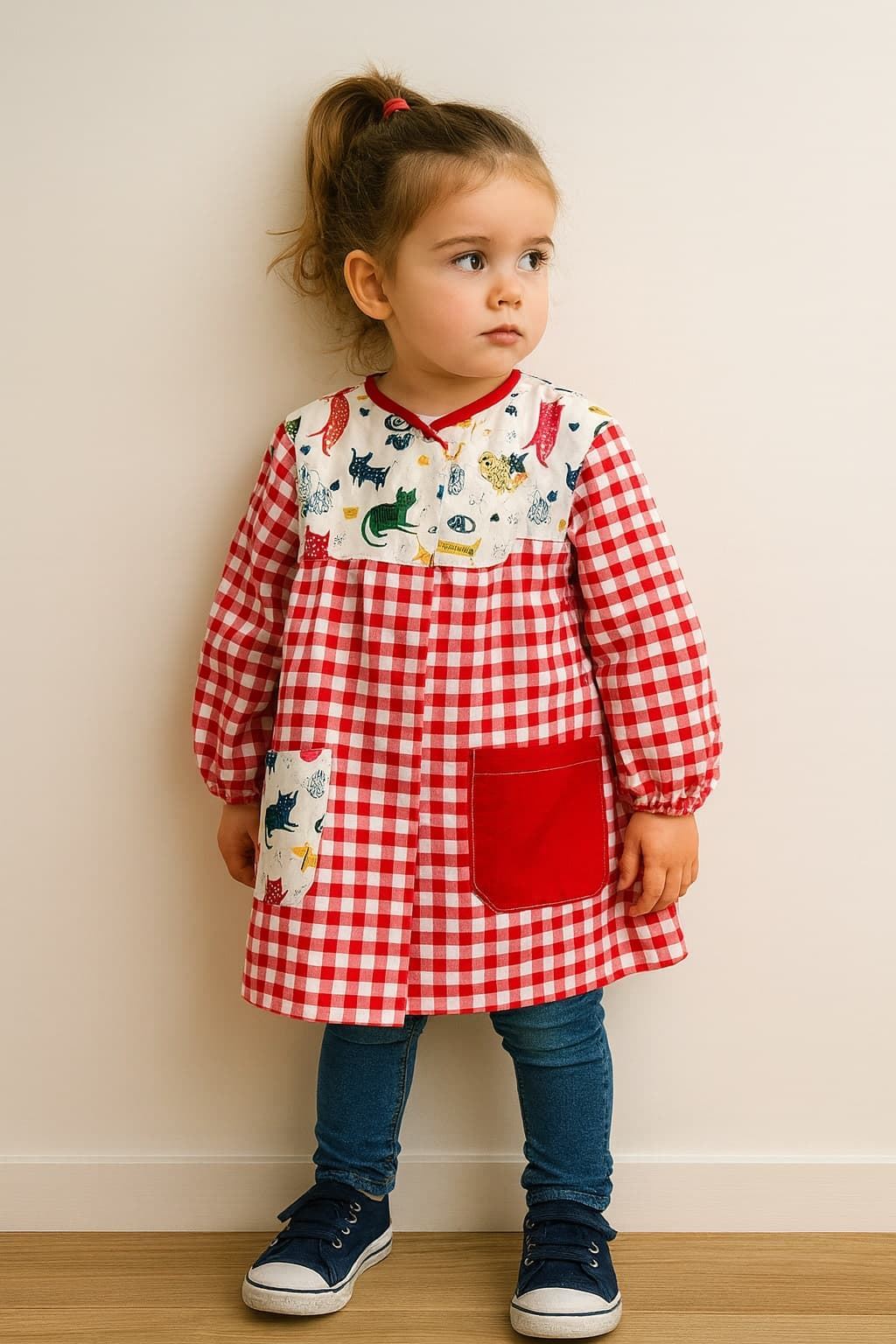 MANDILON VUELTA AL COLE - Mandilón Infantil Rojo con Estampado de Gatitos - Imagen 1