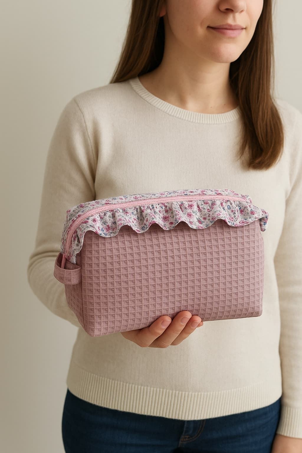 Neceser Rosa con Volante Floral – Hecho a Mano - Imagen 1