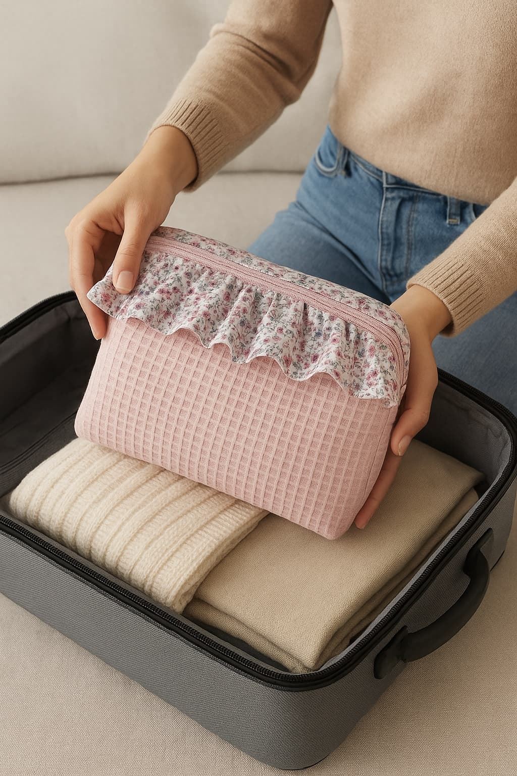 Neceser Rosa con Volante Floral – Hecho a Mano - Imagen 2